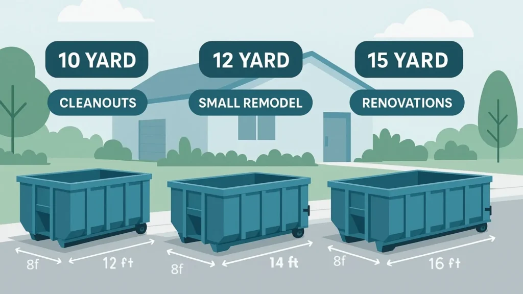 illustration of a 10 yard, 12 yard and 15 yard small roll off dumpster rental container with dimensions labelled outside a house