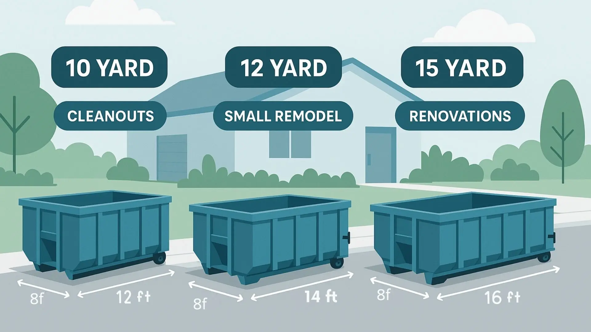 illustration of a 10 yard, 12 yard and 15 yard small roll off dumpster rental container with dimensions labelled outside a house