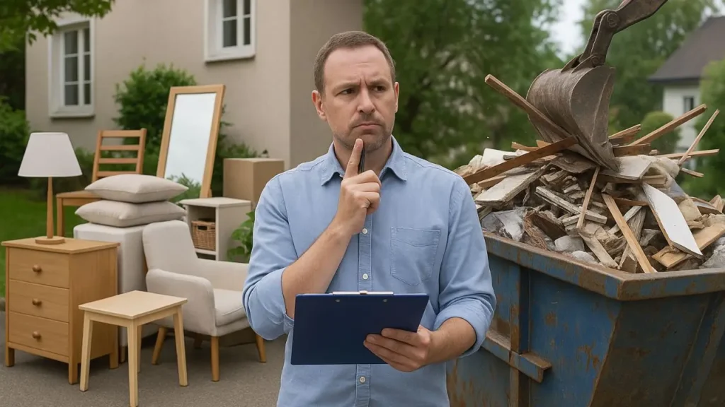 a landlord stood outside his house with a clipboard, furniture stacked on the lawn to the left, a dumpster to the right. He is considering the best option for dealing with tenant belongings left behind - dumpster or donation