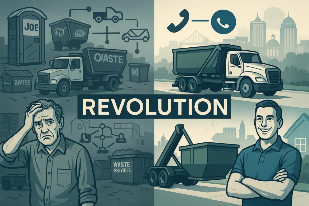 evolution of waste management with dumpsters from disorganised building sites, porta potties and multiple other services to coordinate up to smooth streamlined contactable dumpster specific focus for the locality