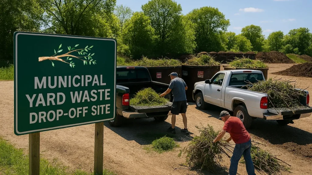 Peoria IL residents unloading their pick ups to carry out yard waste disposal at an authorised municipal site