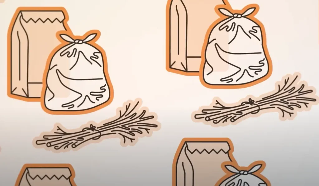 a graphic showing neatly organised yard waste in compostable paper bags and sacks
