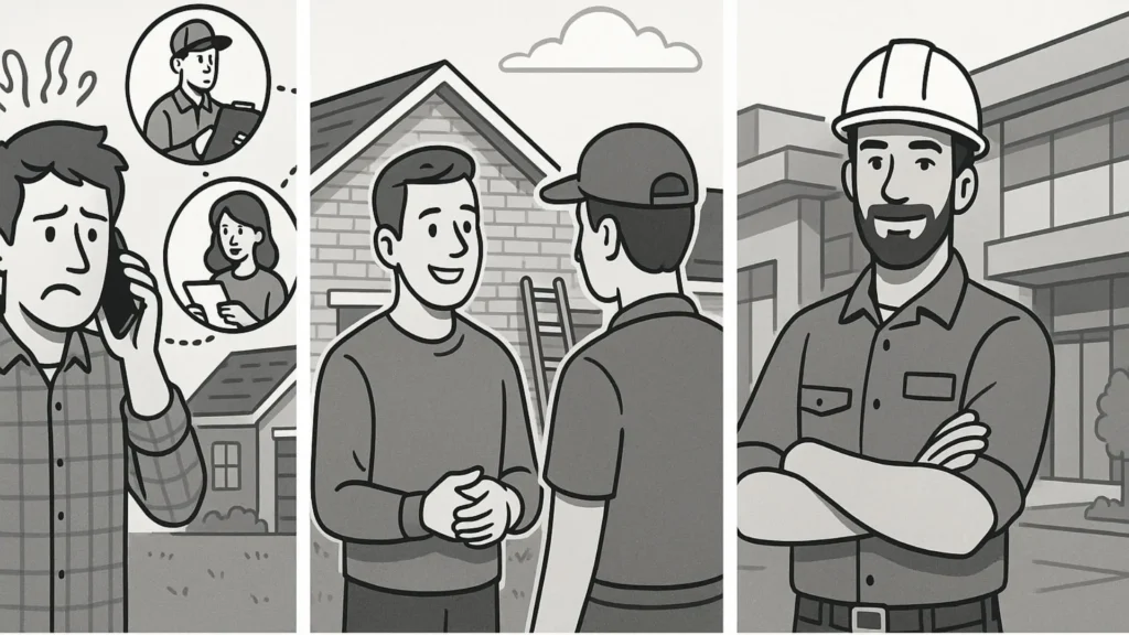 a 3 panel illustration of frustrated customers then customers wrking with professional dumpster service contractors nd finally satisfied contractor knowing he has done a good job in supplying the right dumpster service. Used as a basis to compare ZTERS vs Lance Junk Removal vs Zap Dumpsters in Peoria IL