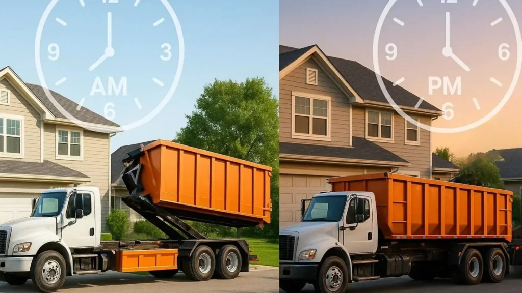 a split image of a truck dropping off a dumpster in the morning and picking it up in the the afternoon of the sae day as an example of a one day dumpster rental