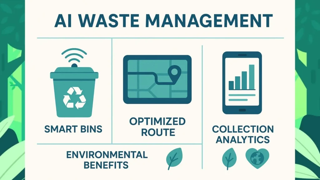a graphic showing different aspects of a AI for waste management such as route optimisation, smart bins and collection analystics