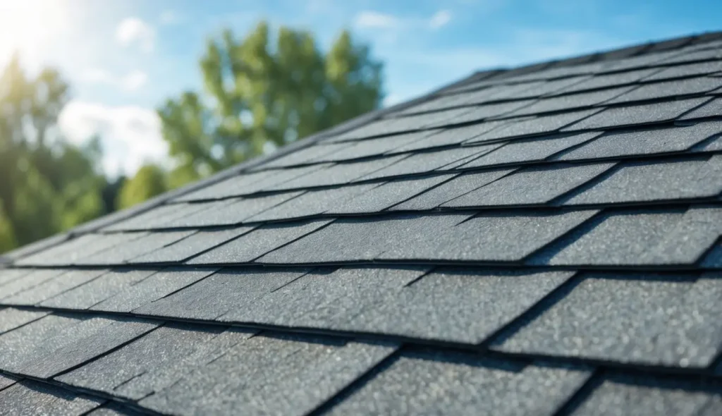 a rooftop with asphalt shingles in place after rework and roofing debris disposal