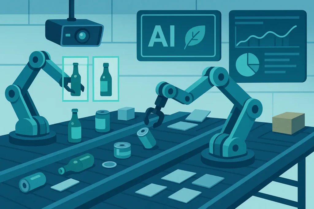 AI-powered recycling facility with robotic arms sorting materials on conveyor belts, computer vision cameras analyzing waste, and digital screens displaying data analytics