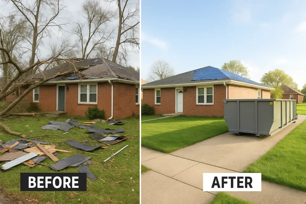 a before and after scene of storm damage and its swift clear up using a roll off dumpster rental such as from Zap Dumpsters Peoria IL