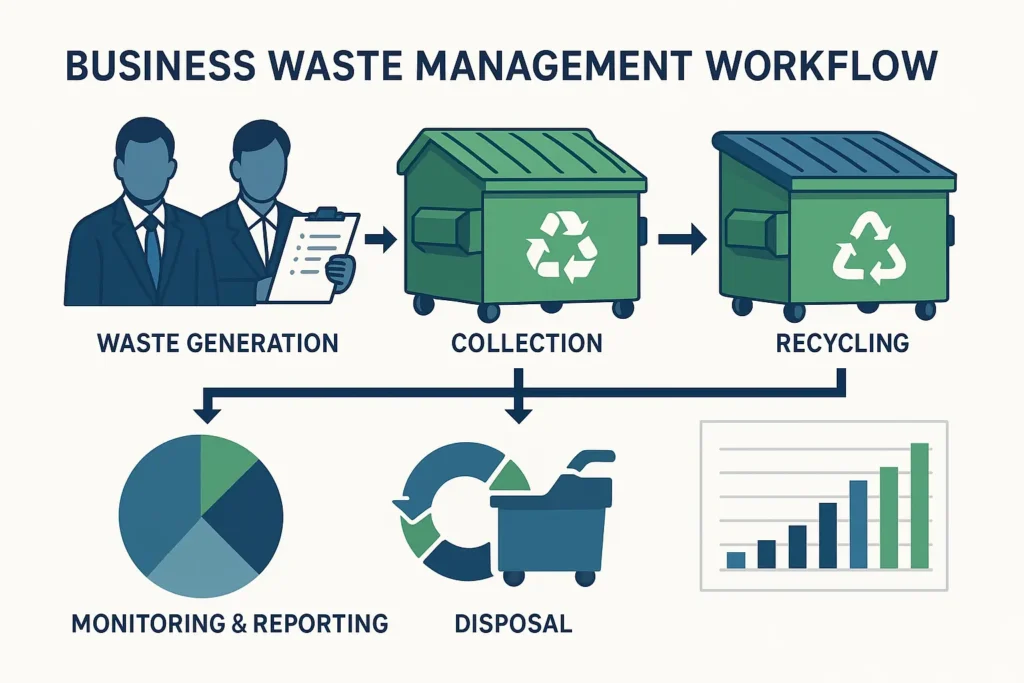 infographic showing business waste management plan workflow, commercial dumpster icons, recycling symbols, charts and graphs, professional blue and green color scheme