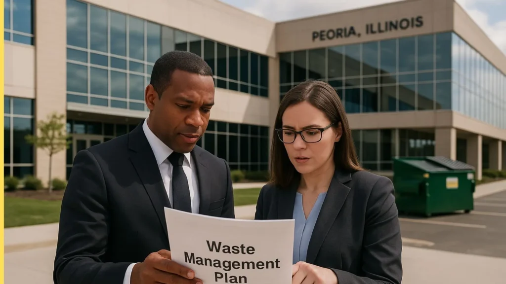 Professional business office building in Peoria, Illinois with a clean commercial dumpster visible in the background, business people in suits reviewing documents labeled 'waste management plan,'