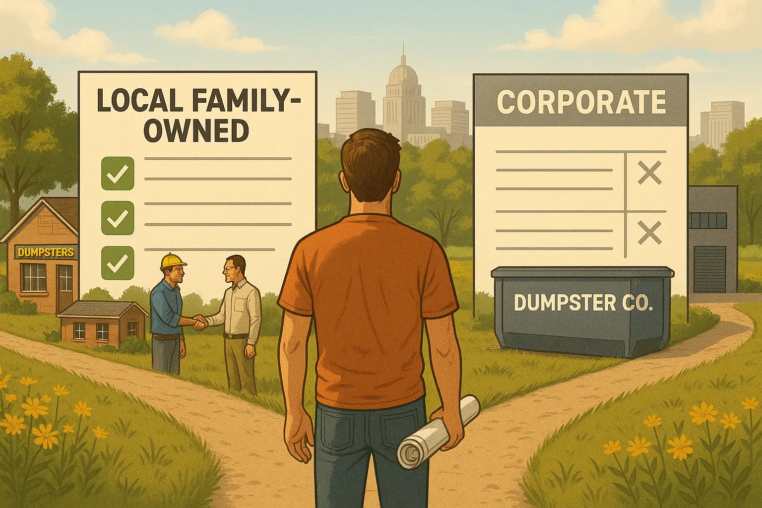 a homeowner standing at a crossroads with two paths to selecting the best dumpster company in Peoria. One path leads to a local family-owned dumpster company with personalized service, the other to a large corporate facility with generic branding