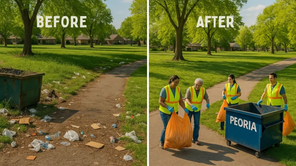 a before and after shot of a park in Peoria IL with litter strewn all around before the actions of well organised community cleanups in Peoria leaving a clean and tidy area in the after picture