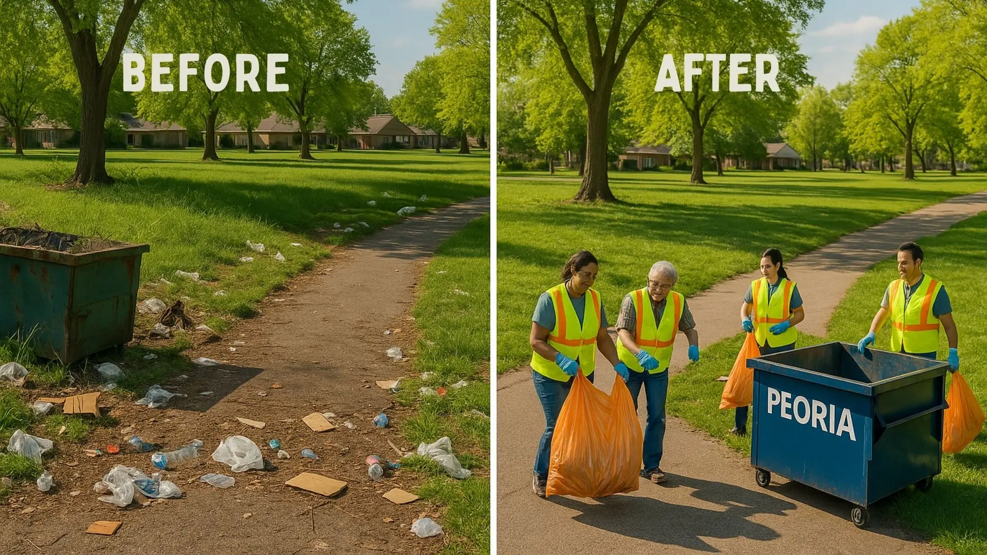 a before and after shot of a park in Peoria IL with litter strewn all around before the actions of well organised community cleanups in Peoria leaving a clean and tidy area in the after picture