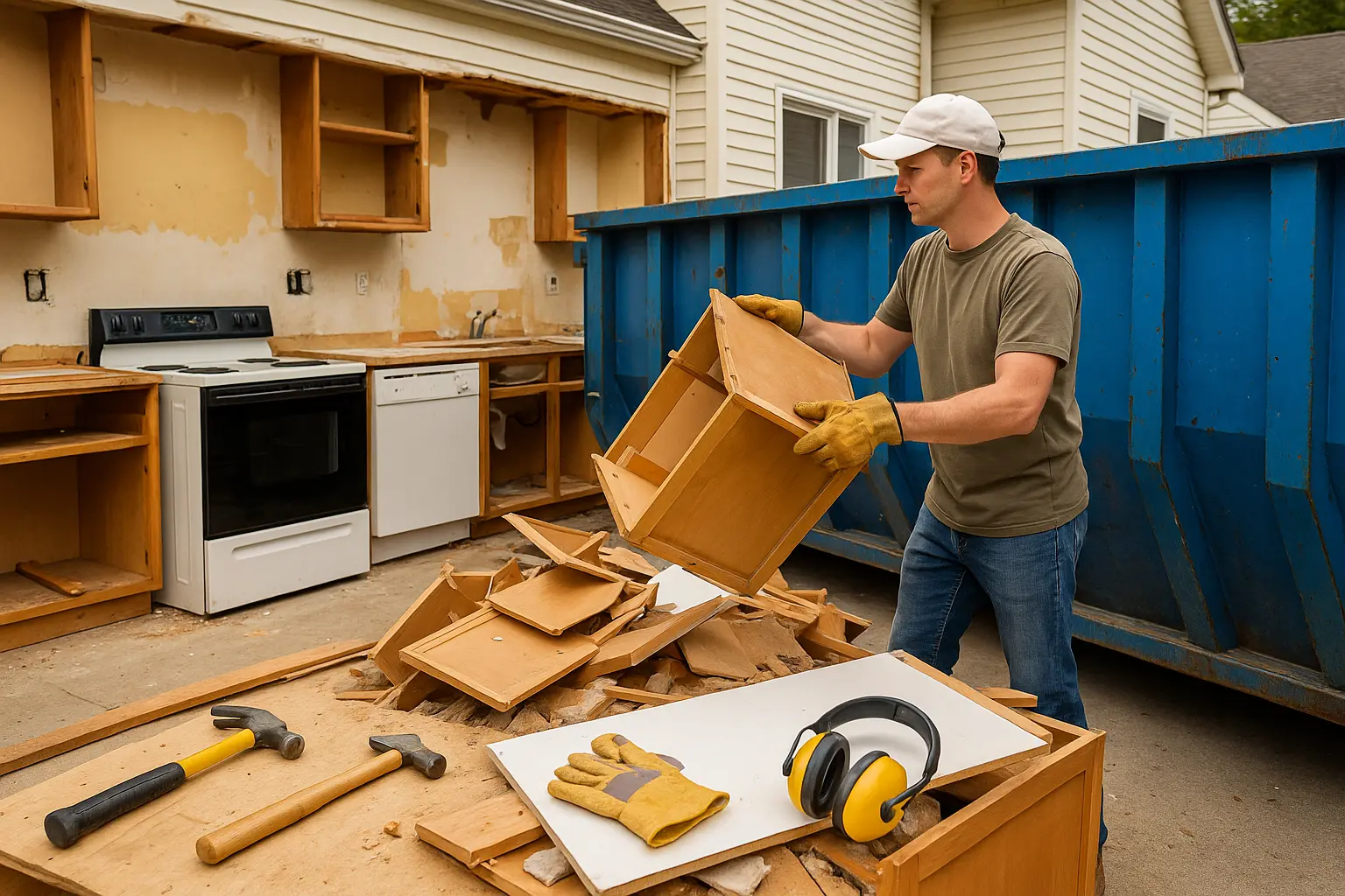 Demolished kitchen cabinets, old appliances and construction debris from a total redesign of a kitchen extension being loaded into the dumpster as an example of which DIY projects need a roll off dumpster rental