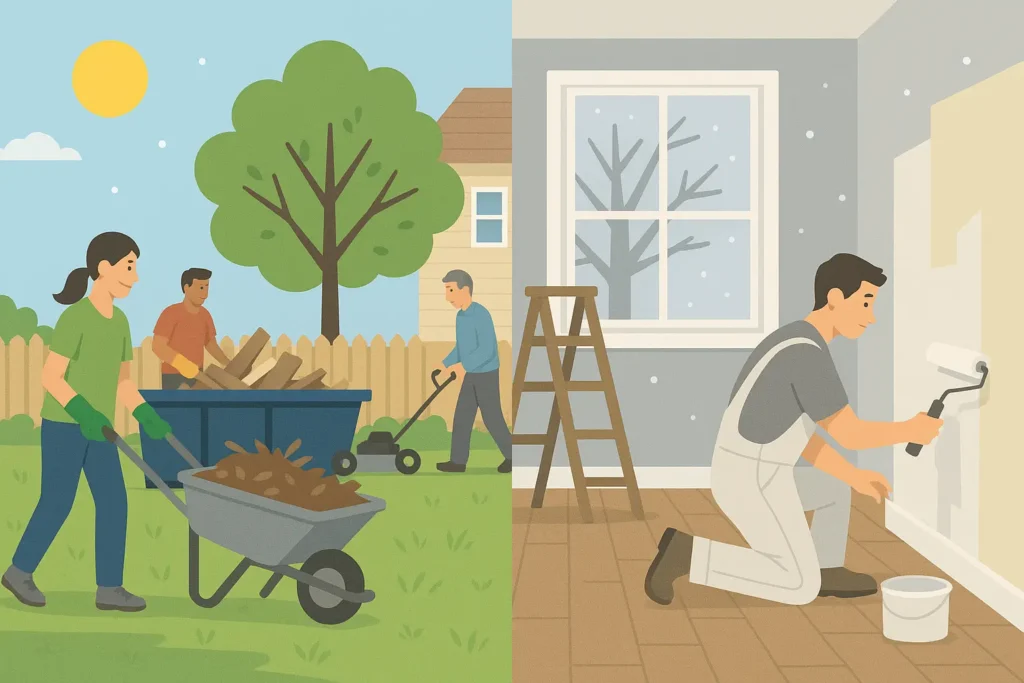 a split image of warm weather clearance activities and winter indoor home maintenance work types that may determine seasonal dumpster demand in Peoria