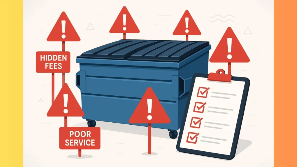 a cautionary image with a checklist set aside a dumpster surrounded by lots of red cautionary warning signs