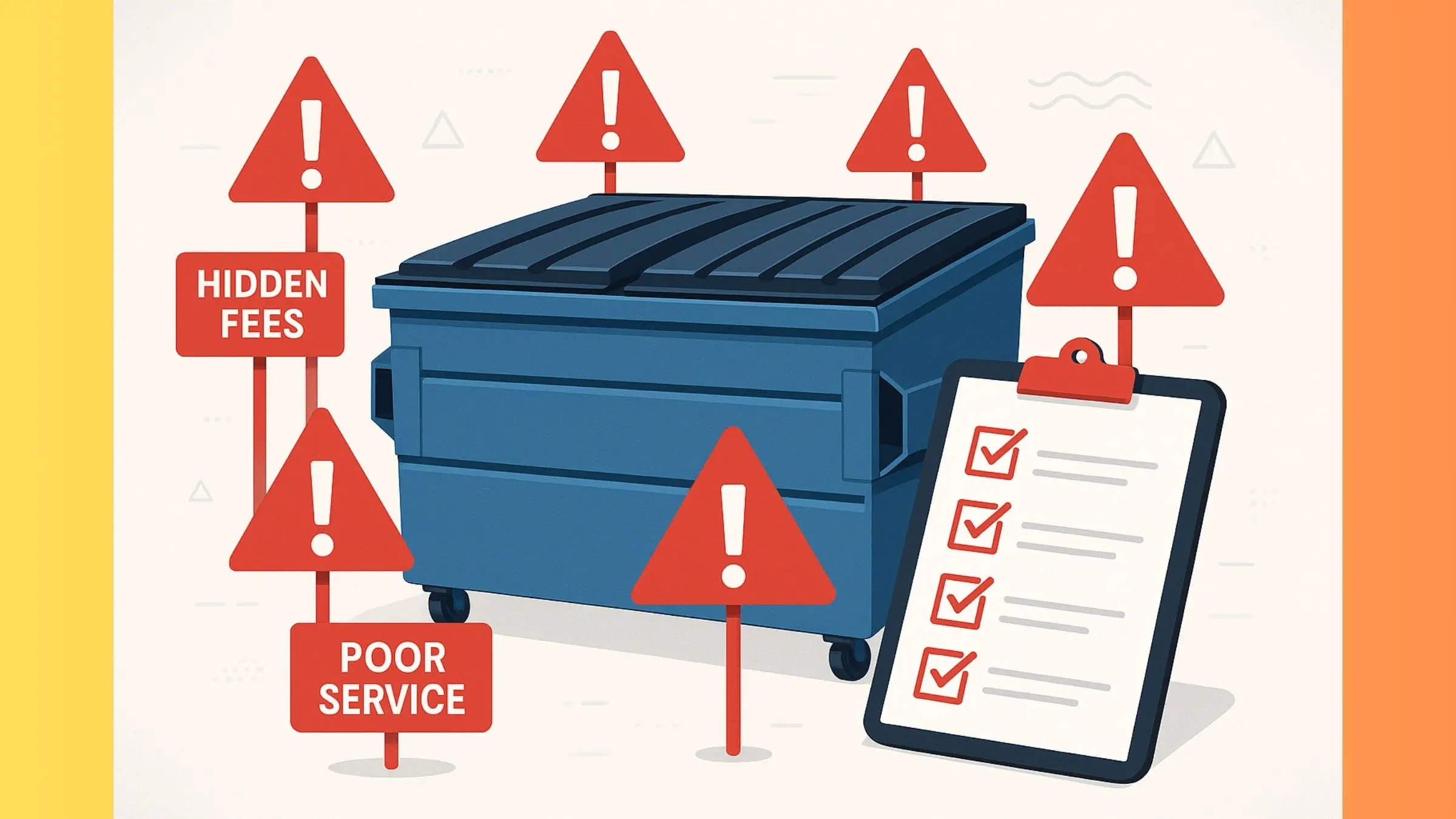 a cautionary image with a checklist set aside a dumpster surrounded by lots of red cautionary warning signs