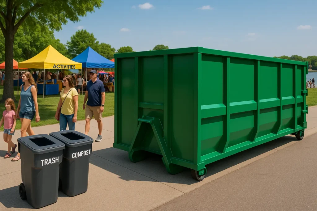 modern roll-off dumpster at an outdoor event in Peoria, Illinois