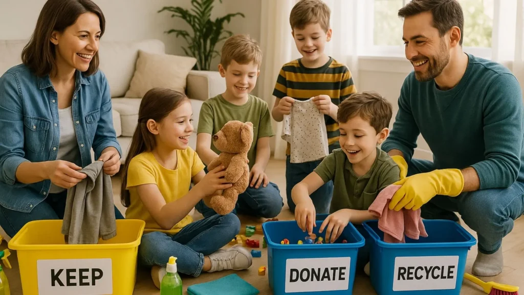 mom, dad and 4 kids sort items into keep, donate, recycle boxes as part of a spring cleaning with kids exercise