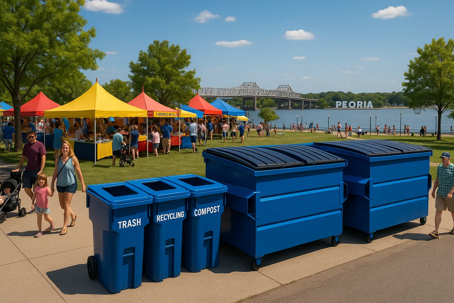 A community festival with colorful tents, happy families, food vendors, and strategically placed large blue dumpsters to illustrate dumpster rentals for events and festivals. The Peoria riverfront in the background with people enjoying activities