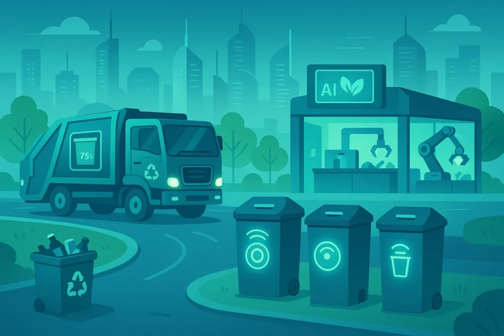 garbage truck with digital displays, smart bins with glowing sensors, robotic sorting facilities, and AI-powered recycling centers