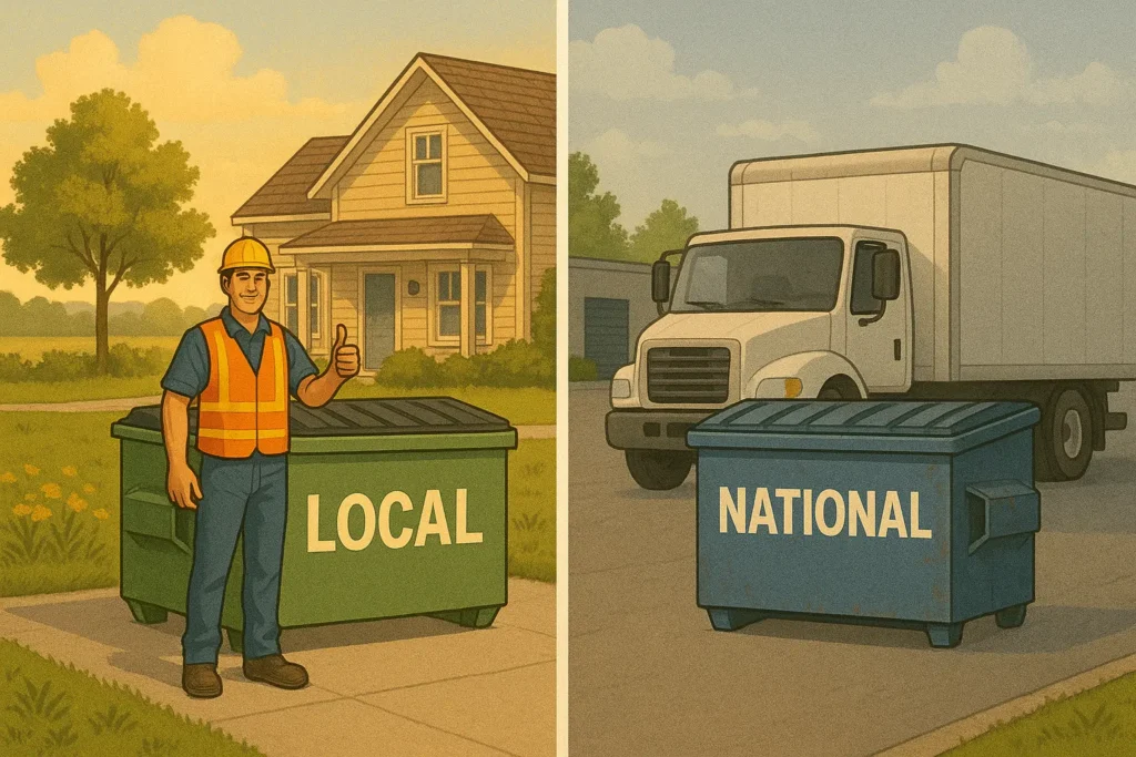 a split-screen comparison. Left side: A clean, well-maintained dumpster with 'LOCAL' text and a friendly service technician giving thumbs up in a suburban Peoria neighborhood. Right side: A generic corporate dumpster with 'NATIONAL' text and an impersonal delivery truck