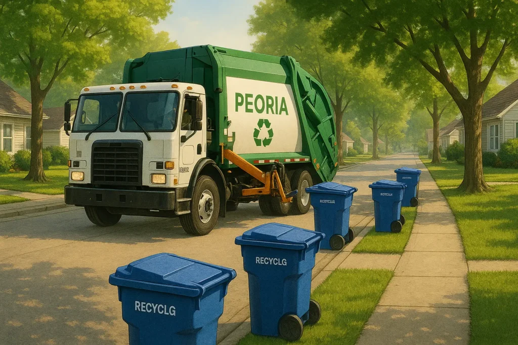 a typical Peoria recycling collection day showing a garbage truck collecting blue recycling carts from multiple houses along a tree-lined street to illustrate what are Peoria's Recycling Rules