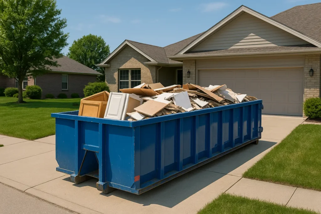 a blue roll-off dumpster sits outside a residential home in Peoria IL, efficiently loaded with remodeling waste disposal items