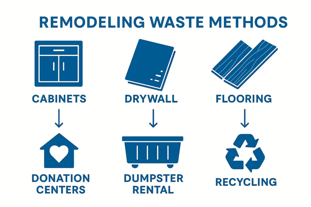 a renovation and remodeling waste disposal infographic showing how cabinets can be donated to charity stores, drywall can be disposed of in a dumpster rental and flooring can be recycled
