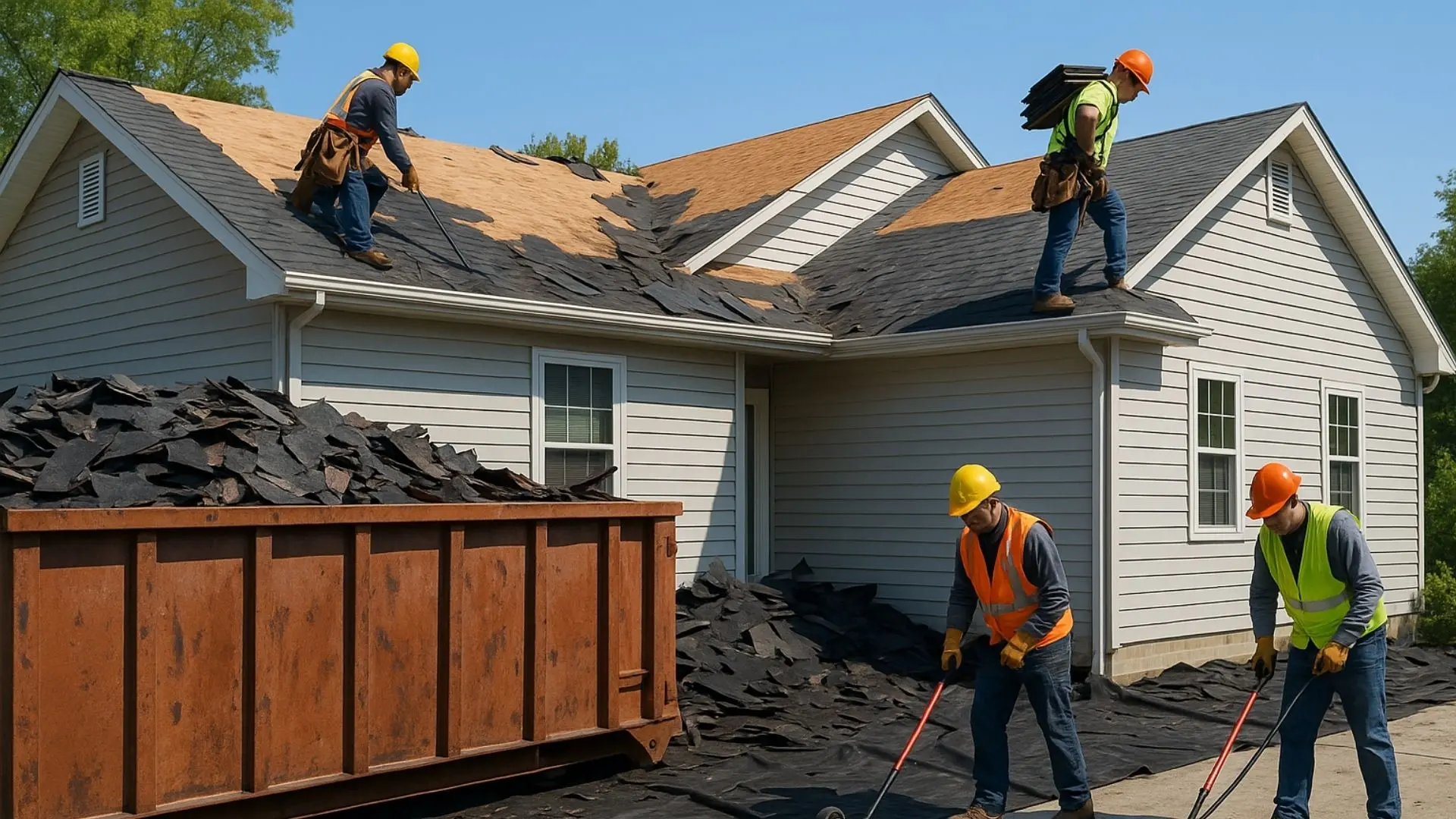 contractors working on a roof and dealing with the roofing debris using a dumpster as well as trying to detect nails prior to disposal