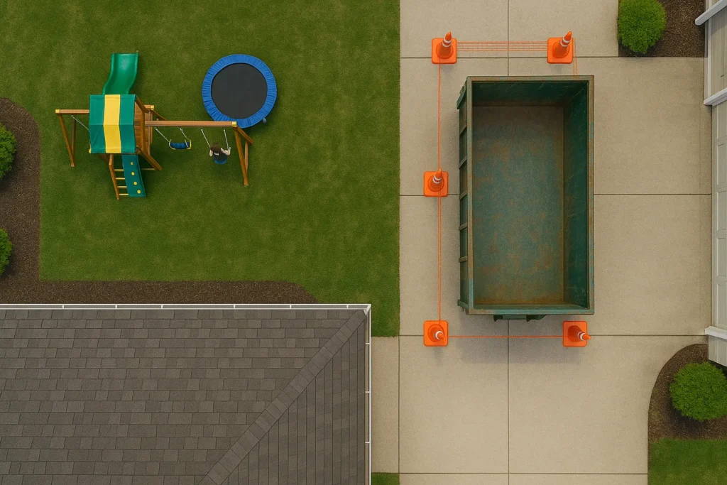 an aerial view of a dumpster coned and fenced off for family safety