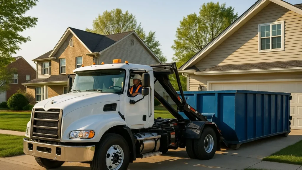 a truck drops off a blue 20-yard roll-off container that has just been ordered as might be seen during same day dumpster rentals in Peoria
