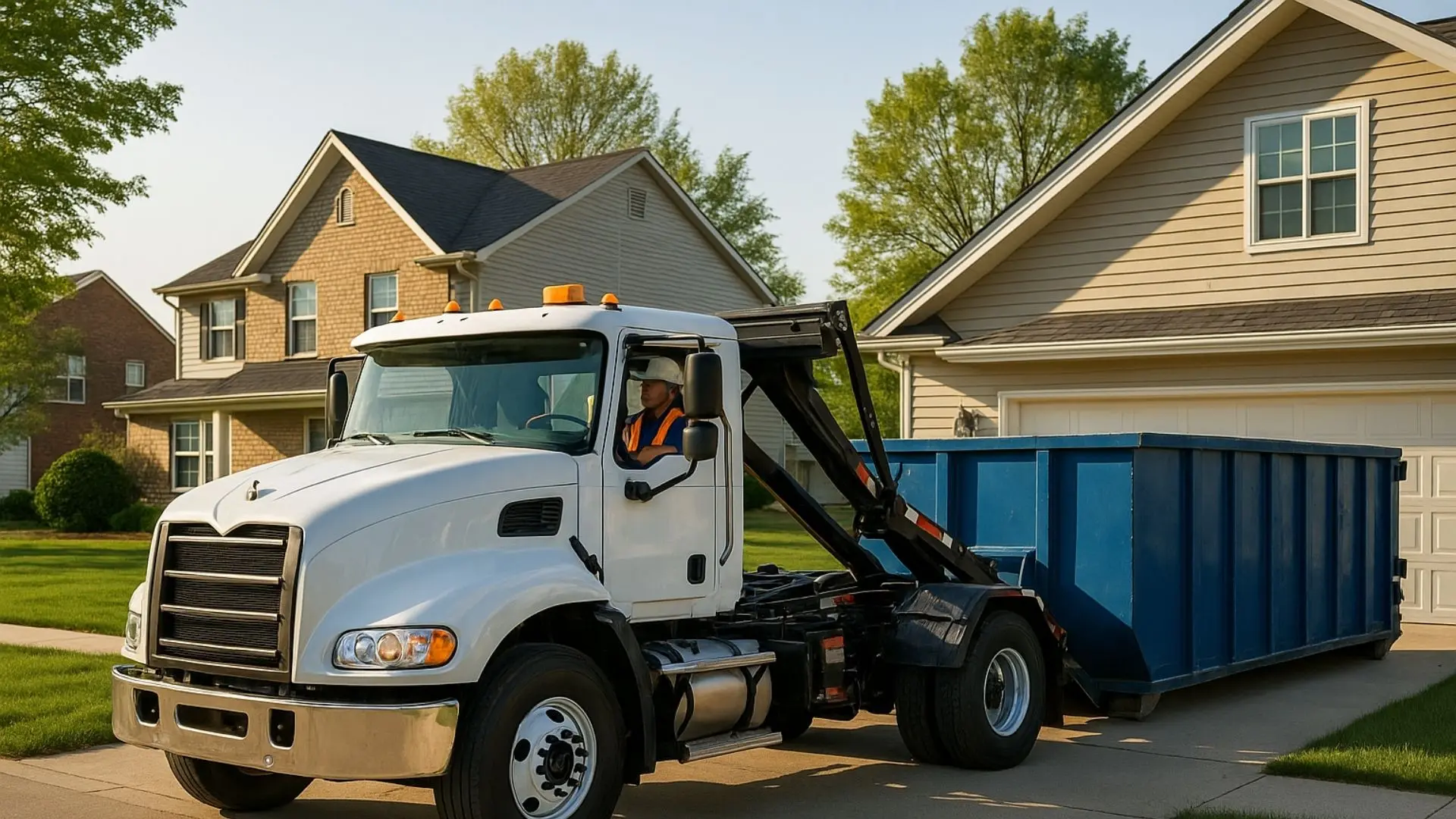 a truck drops off a blue 20-yard roll-off container that has just been ordered as might be seen during same day dumpster rentals in Peoria
