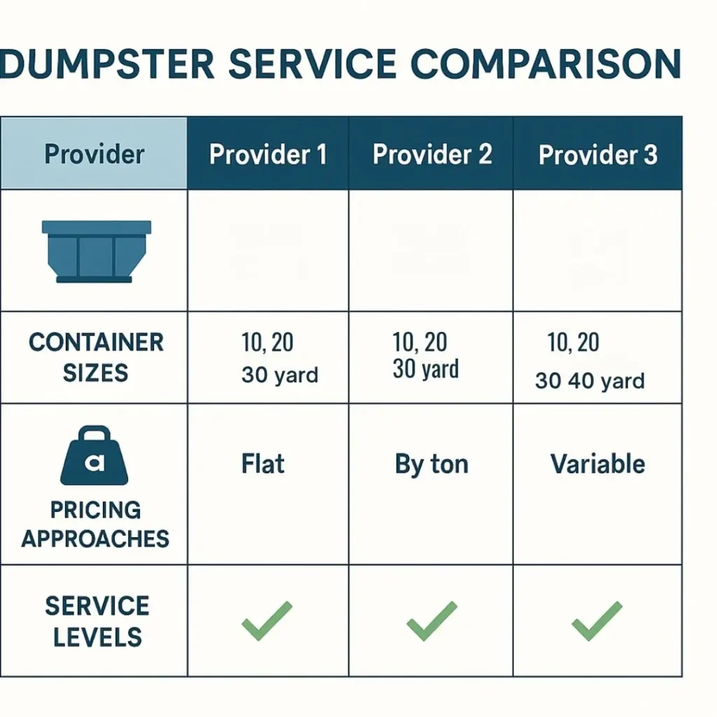 a table showing how pricing method, service levels and container sizes are key to understand when selecting a dumpster rental company