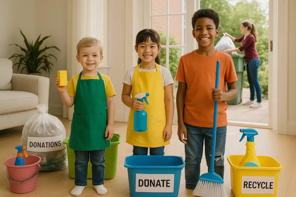 3 kids wearing cleaning attire and standing near containers marked "donate" and "recycle" whilst smiling at the camera whilst in the background mom is putting the disposal items into a small residential dumpster