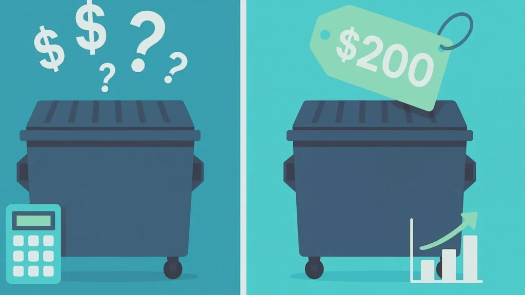 a graphic showing a dumpster with question marks and a dumpster with a $200 price tag to illustrate considerations between variable vs flat-rate dumpster pricing