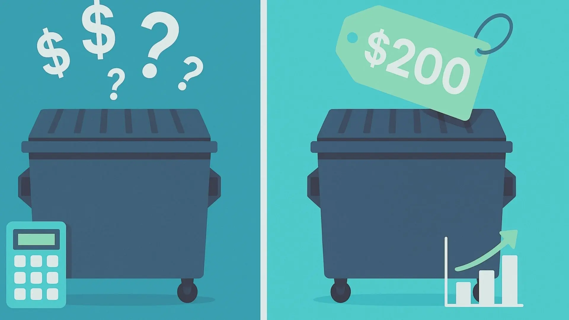 a graphic showing a dumpster with question marks and a dumpster with a $200 price tag to illustrate considerations between variable vs flat-rate dumpster pricing