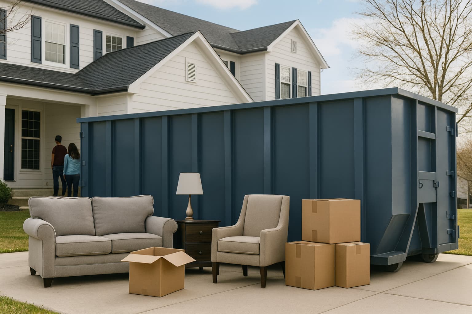 40-yard roll-off dumpster in residential driveway during active house cleanout, furniture and boxes being loaded, homeowners in background