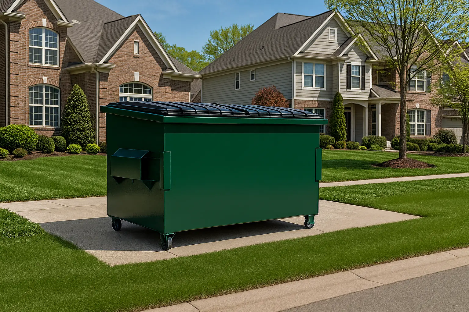 a clean, properly placed dumpster on a residential driveway in an upscale HOA neighborhood, positioned exactly 10 feet from the street with measurement markers visible, surrounded by well-maintained landscaping and attractive suburban homes to align to HOA dumpster rules
