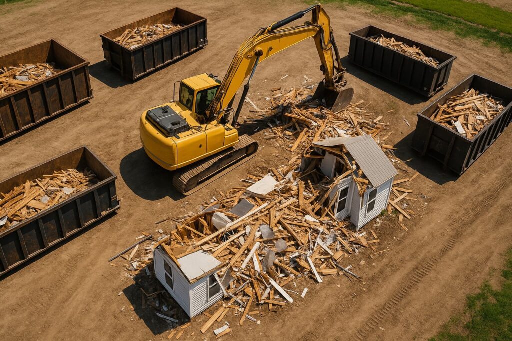 a yellow digger scooing demolition debris from disused mobile home into dumpsters
