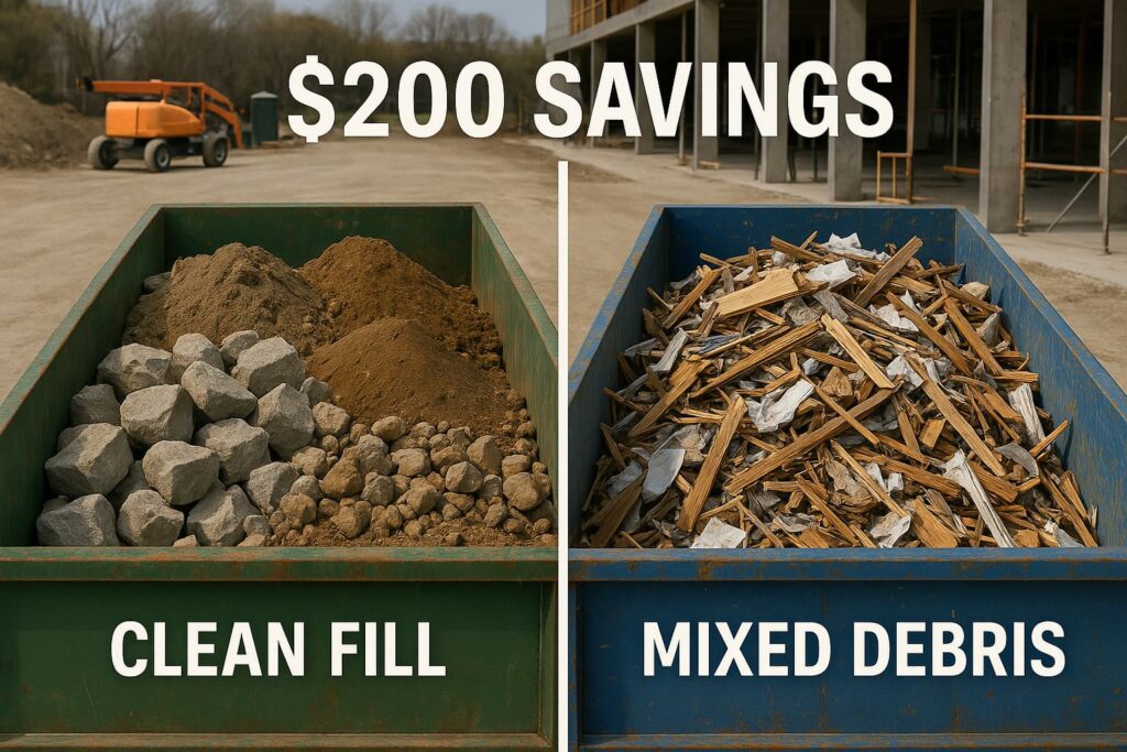 a clean fill dumpster on the left filled with concrete chunks, dirt, and rocks in organized piles, and a mixed debris dumpster on the right with various construction materials like wood, drywall, and scattered debris, including cost savings