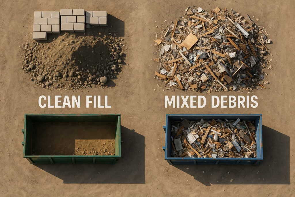 clean fill vs mixed debris dumpster - overhead view of a construction site showing two distinct material piles - one with neatly sorted concrete blocks, dirt, and rock (labeled 'Clean Fill'), and another with mixed construction debris including wood, plastic, and various materials (labeled 'Mixed Debris').