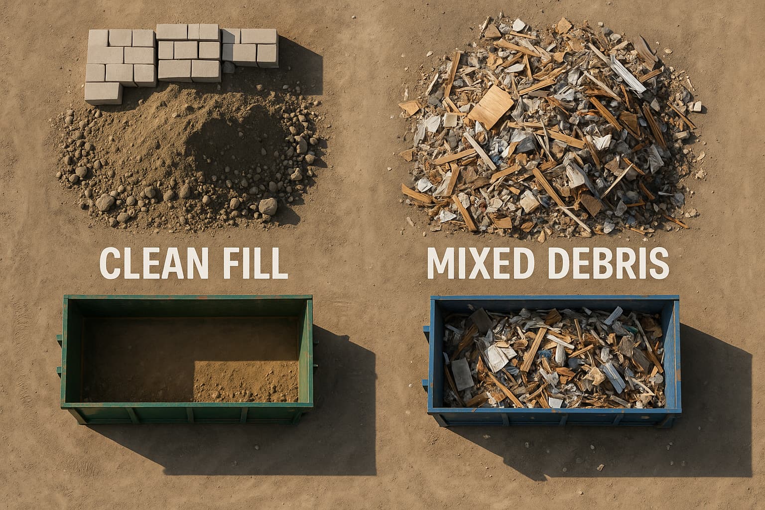 clean fill vs mixed debris dumpster - overhead view of a construction site showing two distinct material piles - one with neatly sorted concrete blocks, dirt, and rock (labeled 'Clean Fill'), and another with mixed construction debris including wood, plastic, and various materials (labeled 'Mixed Debris').
