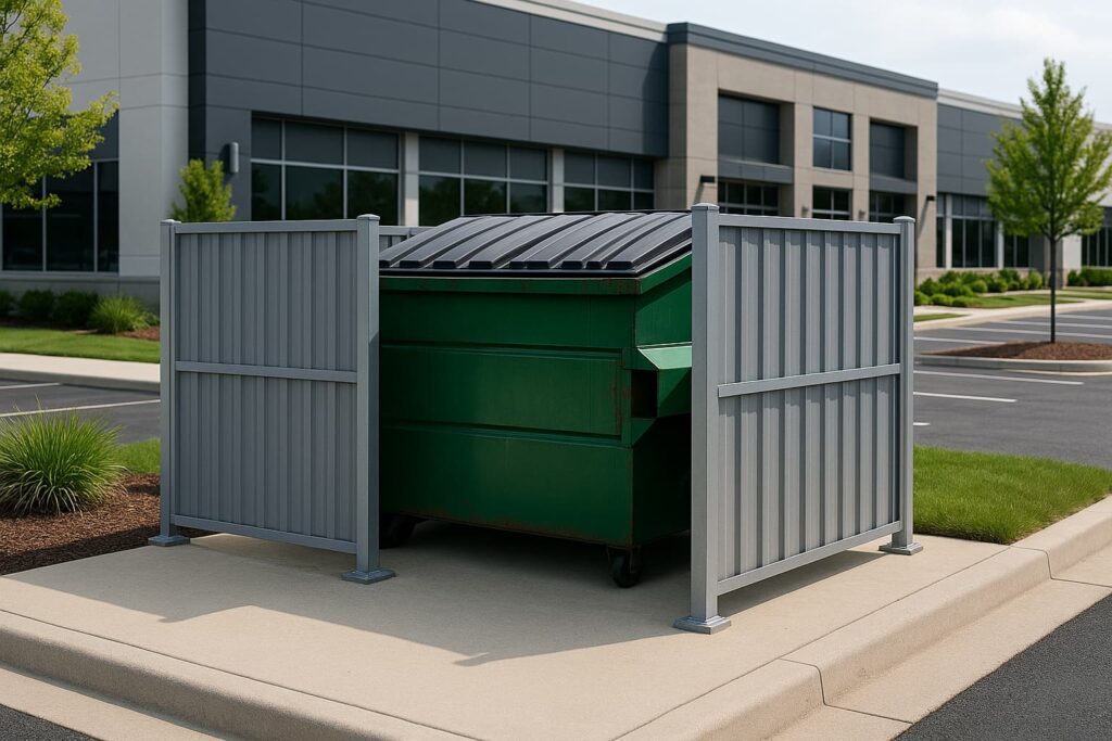 Modern commercial building exterior with a professional dumpster enclosure featuring gray metal fence panels around a waste container, landscaping visible, business parking lot in background