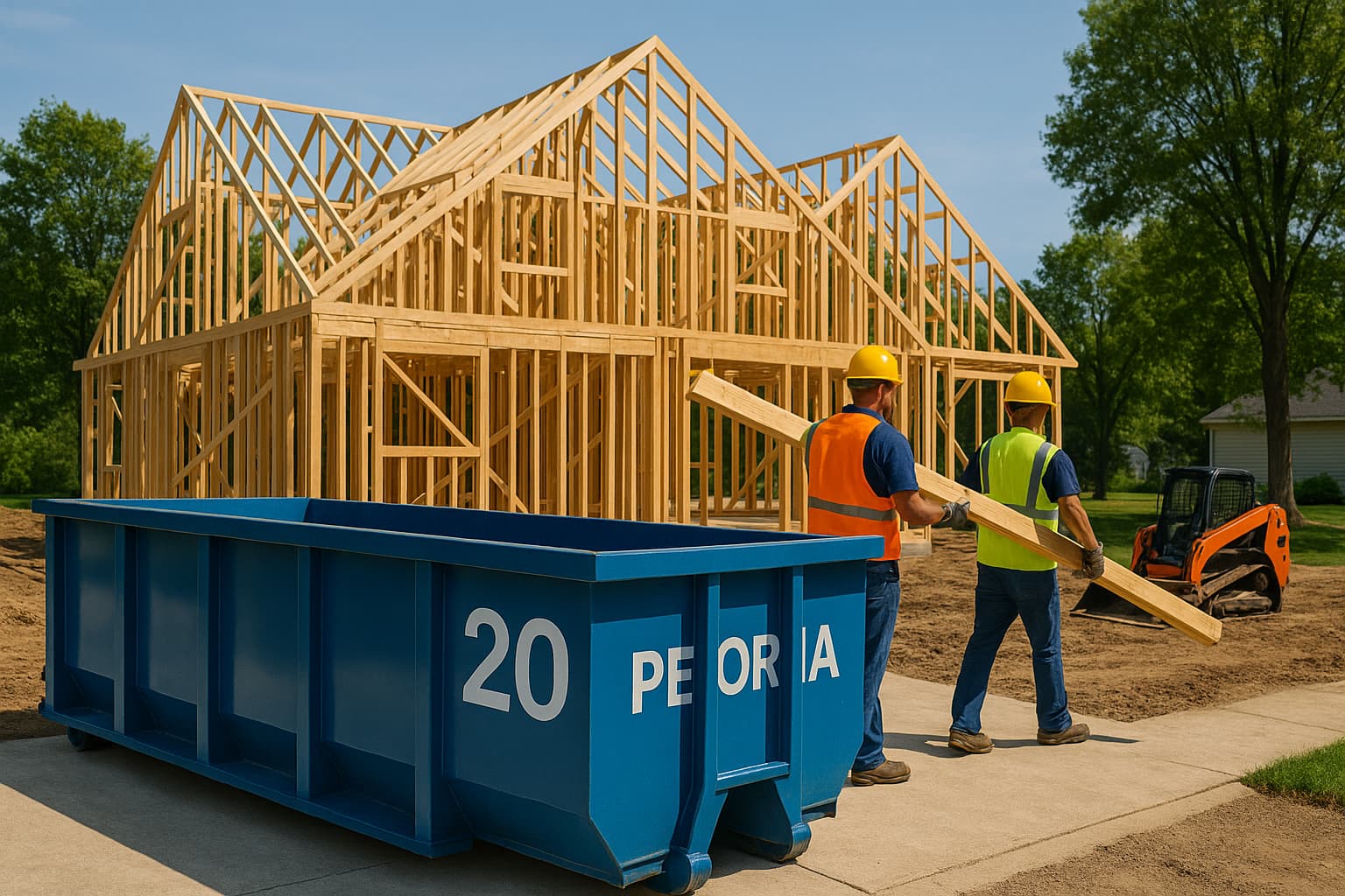 the start of a house build process and the timber frame of the house is standing with the workers holding the wood for the next part. A roll-off stands in the foreground currently empty, to represent how clients can find a construction dumpster rental near me