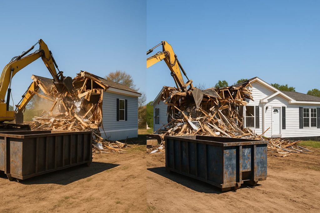 Mobile Home Demolition: How Many Dumpsters Do You Need depicted by a split screen showing each of a single wide and a double wide mobile home being demolished next to a dumpster for loading