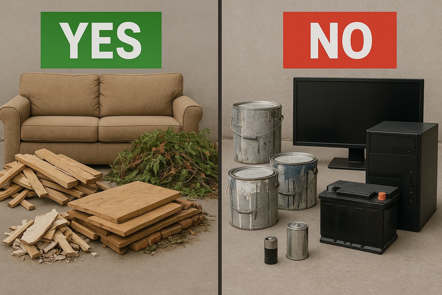 split-screen image showing roll-off dumpster accepted materials vs prohibited waste materials