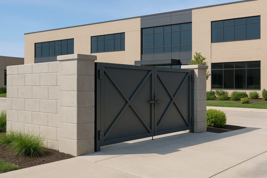 Professional commercial dumpster enclosure with concrete walls, metal gate, clean landscaping, modern Illinois business building in background, bright daylight