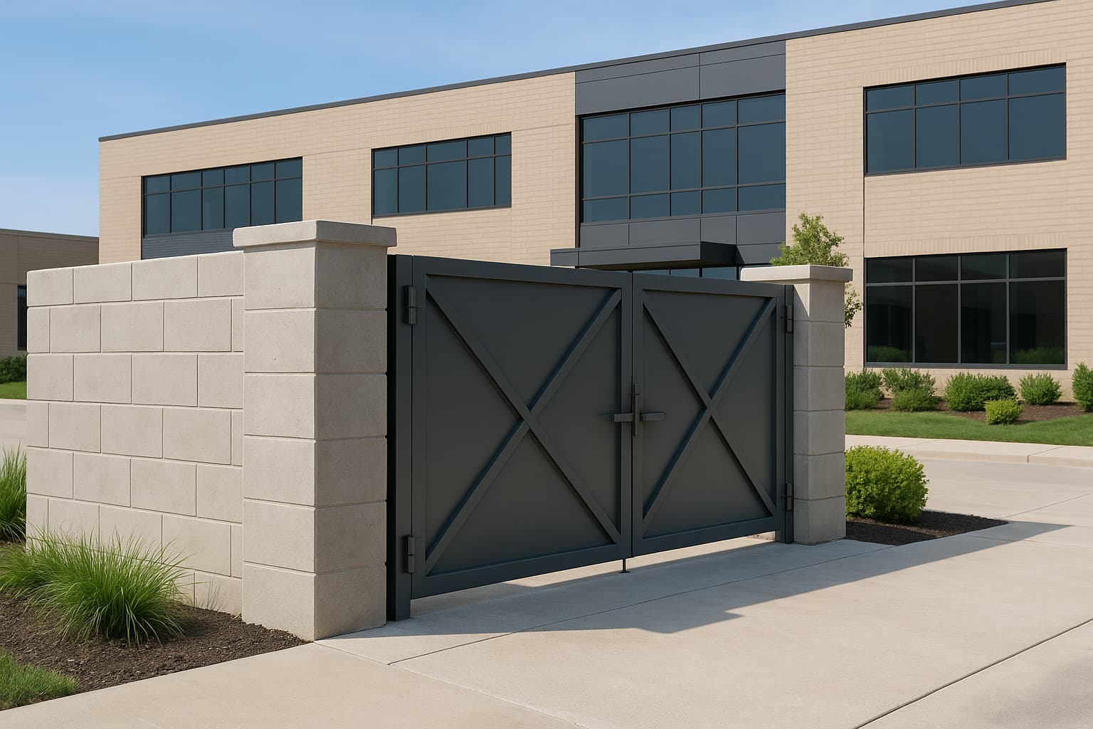 Professional commercial dumpster enclosure with concrete walls, metal gate, clean landscaping, modern Illinois business building in background, bright daylight