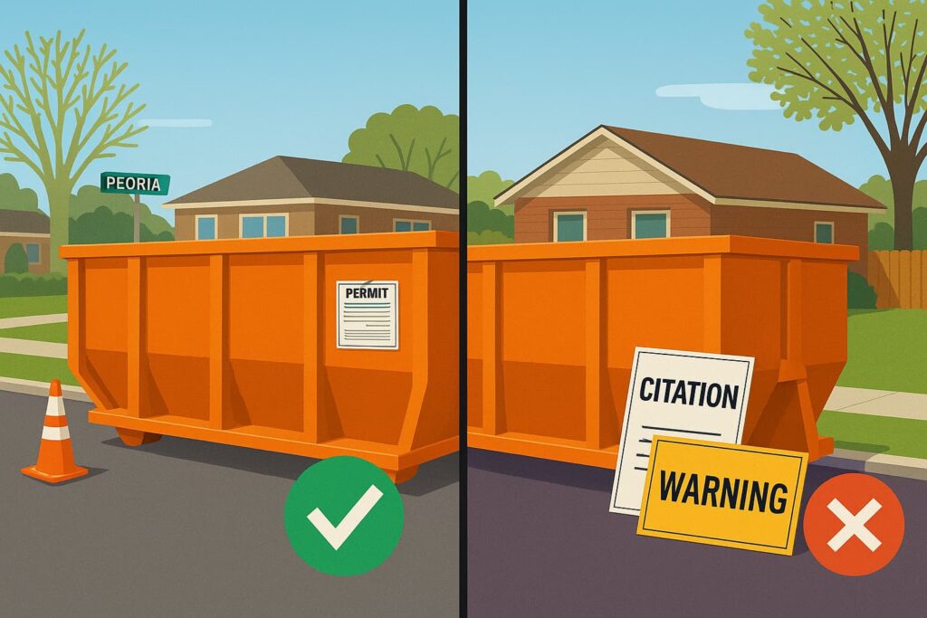 dumpster on street with permit paperwork and safety equipment, right side: same street with citation and warning signs